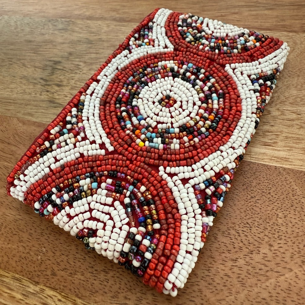 Beaded Coin Pouch with Red and White Pattern